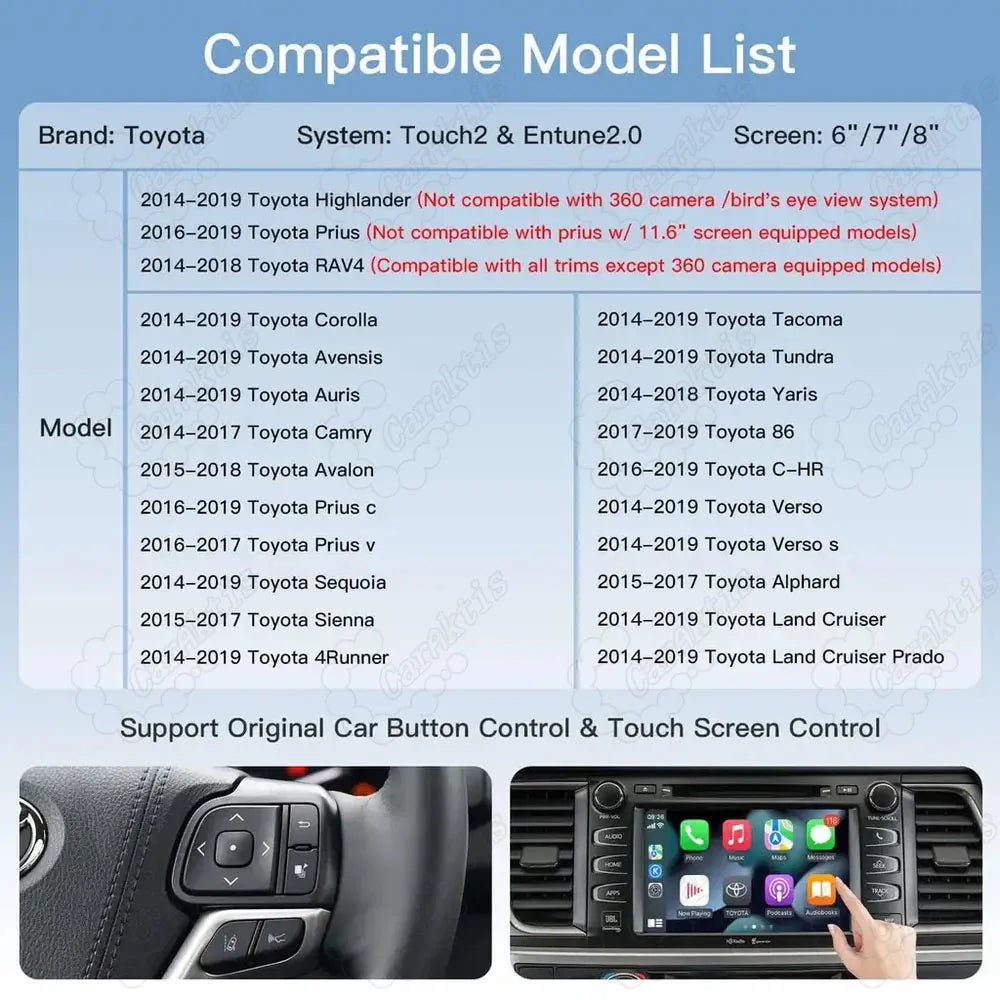 Compatible Toyota model list for Touch2 and Entune 2.0 systems (2014-2019 Highlander, Camry, Prius, RAV4, Tundra) with illustration of original steering wheel and touchscreen button control retention.