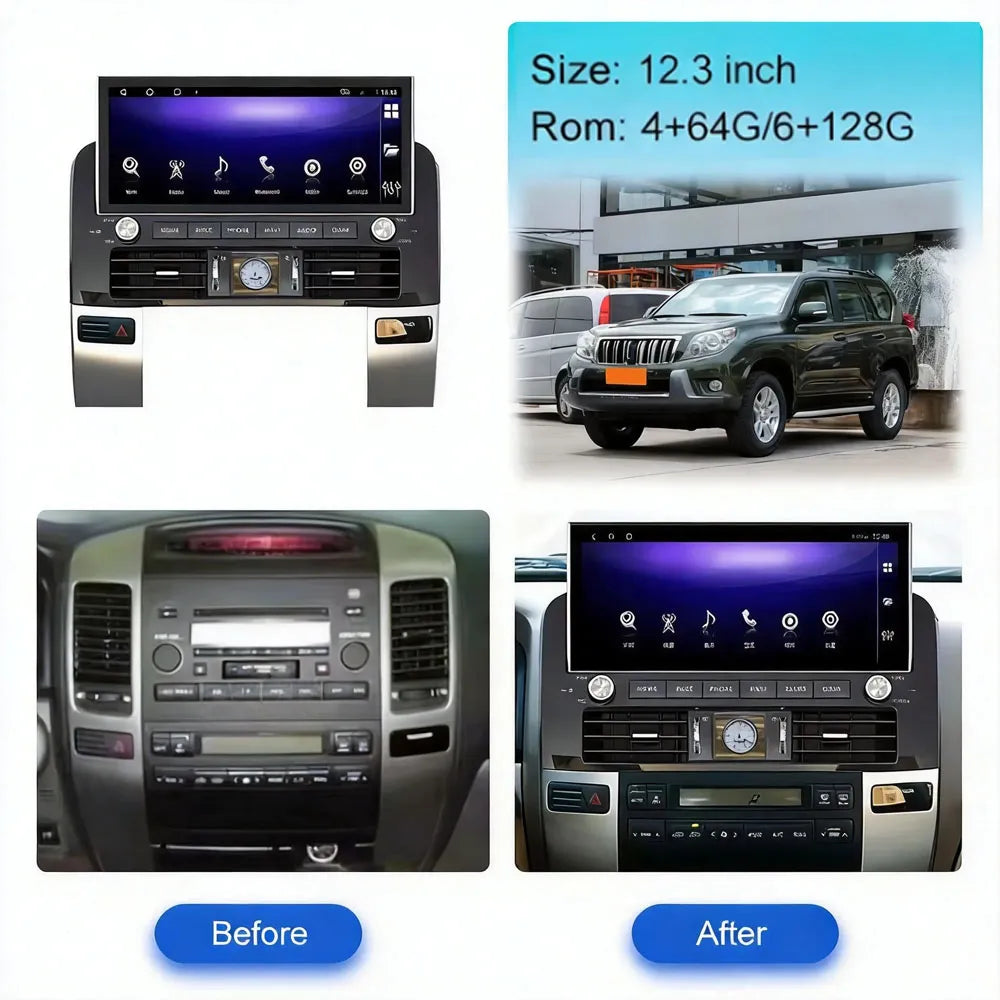 Before and after installation comparison of 12.3-inch Android display upgrade for Toyota Prado 120 and Lexus GX470.
