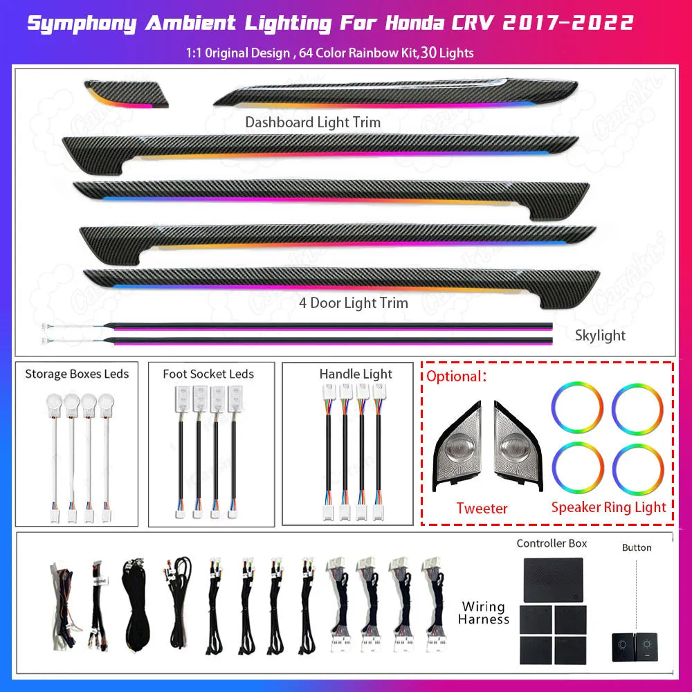 Carbon fiber style ambient light kit for Toyota RAV4 and Venza with optional illuminated speaker rings
