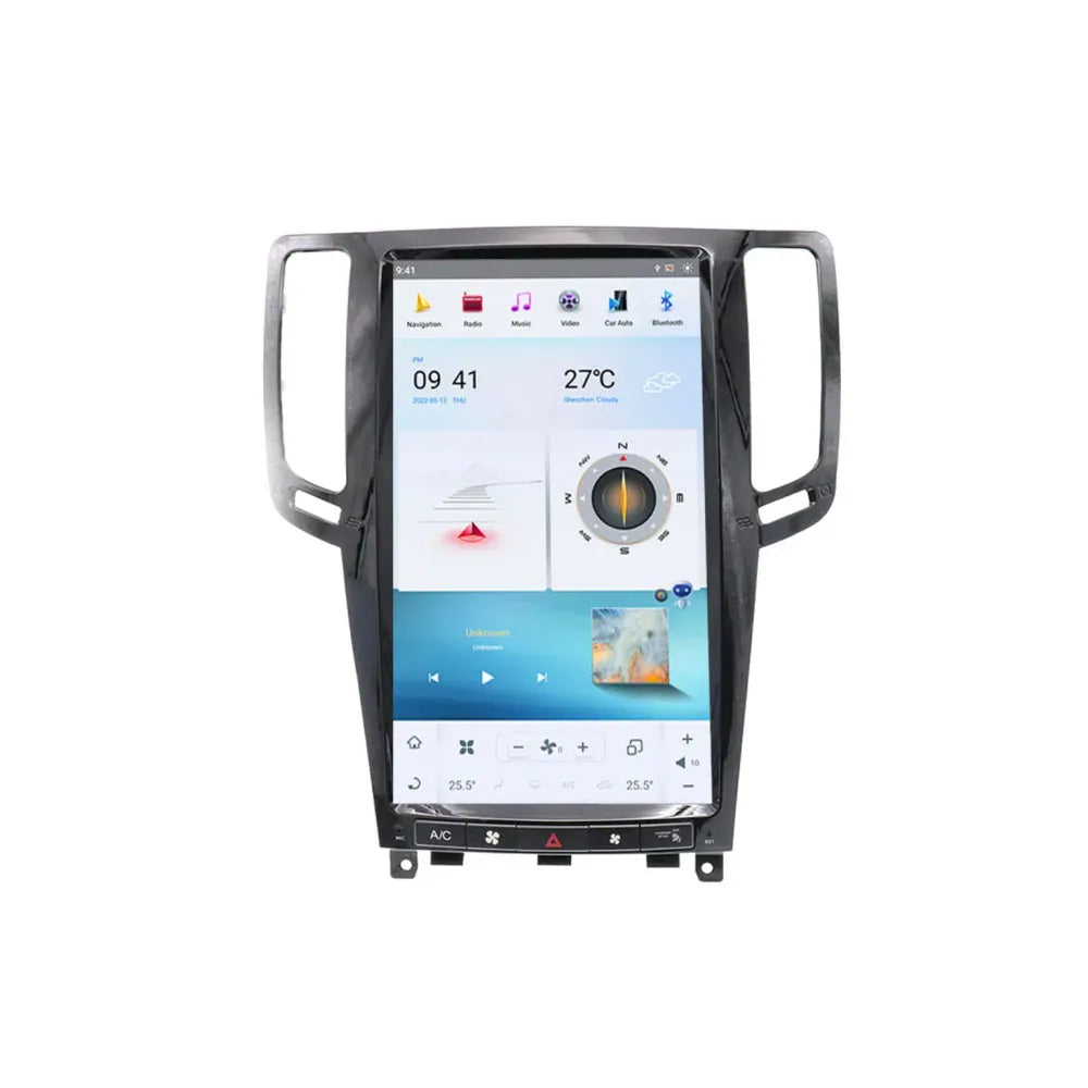 Tesla style vertical Android car head unit with integrated air vent bezel and AC climate controls