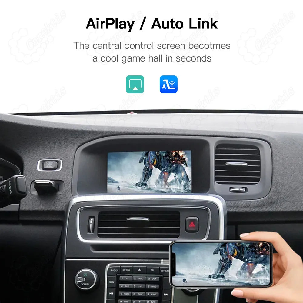 Smartphone screen mirroring feature via AirPlay and Auto Link on Volvo central control screen, displaying video playback synchronously from a phone.