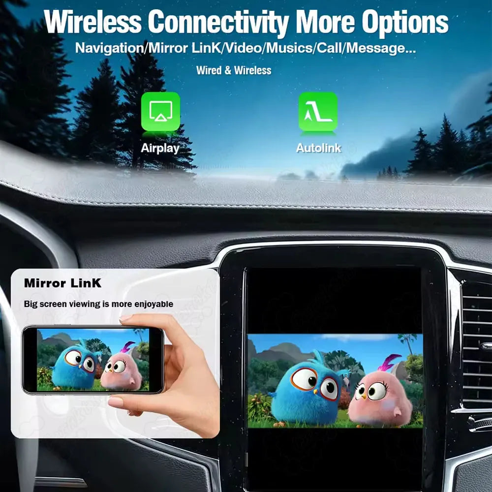 iOS AirPlay and Android Autolink phone mirroring link feature playing video on Volvo big screen.