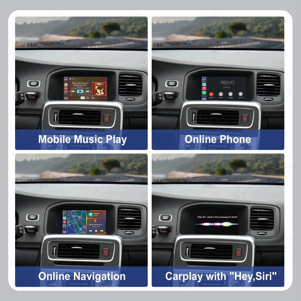 Four interface views of Volvo smart dashboard showing mobile music play, online phone calling, online GPS navigation maps, and Apple CarPlay with Hey Siri.