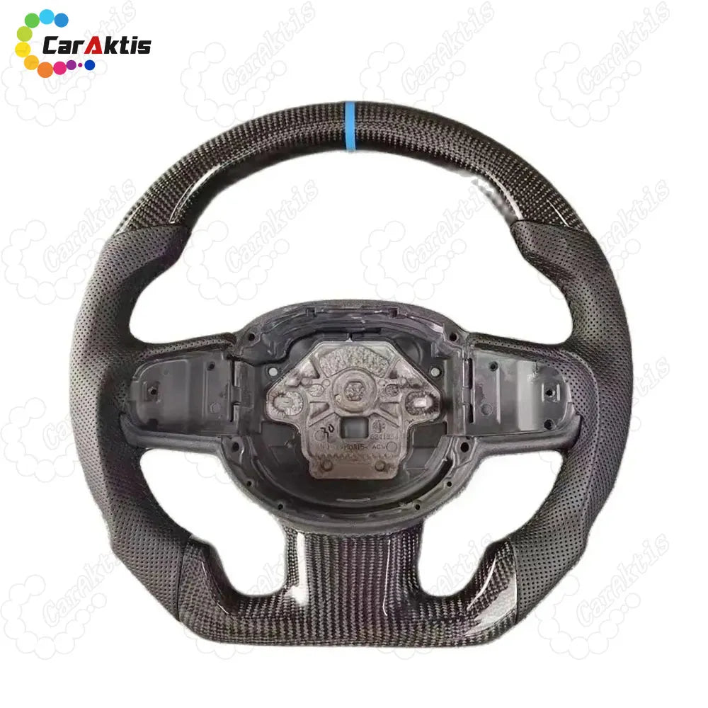 Volvo XC40 XC60 XC90 carbon fiber steering wheel upgrade featuring a blue racing stripe and ergonomic D-shape design.