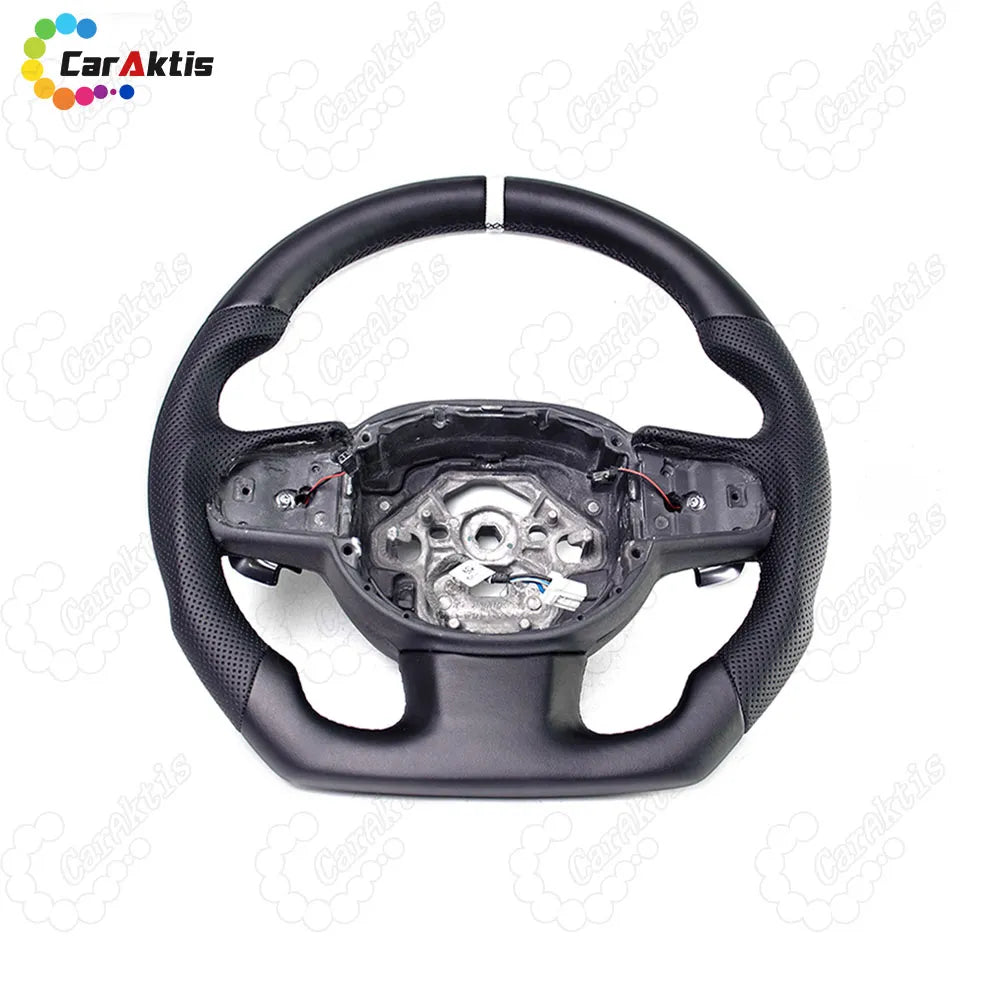 Premium perforated leather steering wheel for Volvo with white center marker and silver paddle shifter cutouts.