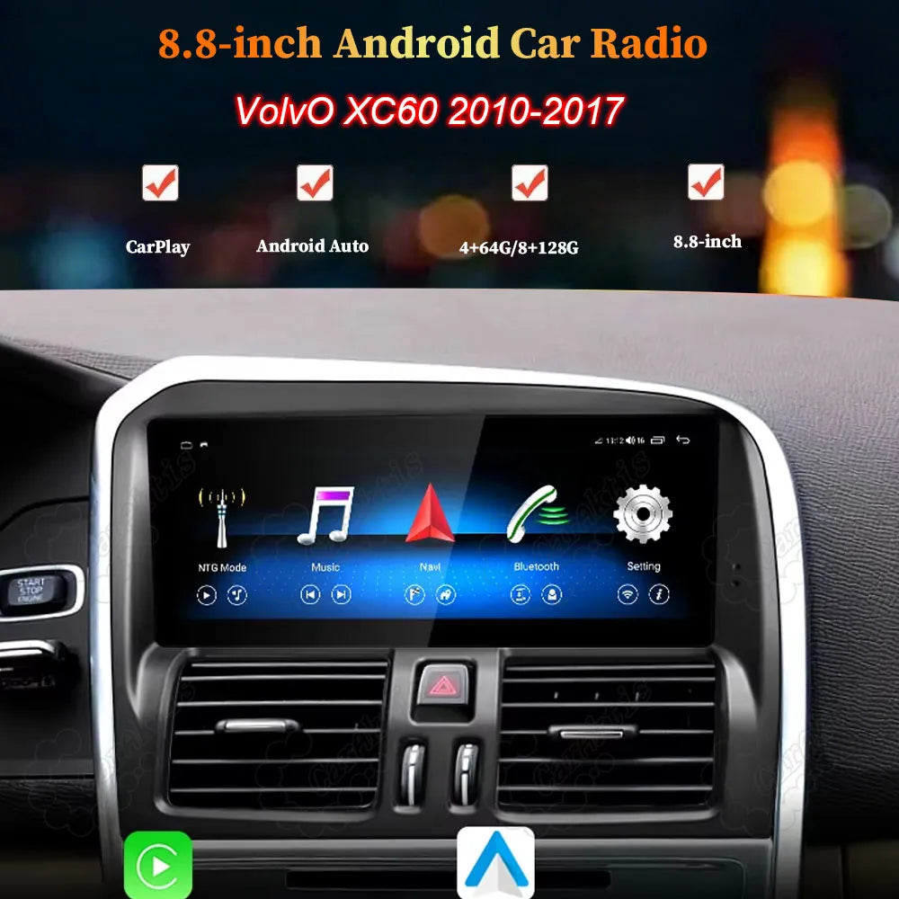 Volvo XC60 2010-2017 8.8-inch Android car radio console supporting Wireless Apple CarPlay and Android Auto