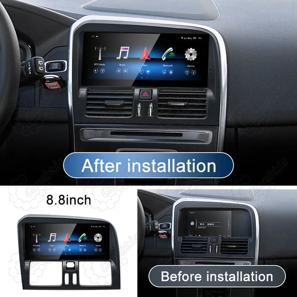 Before and after installation comparison of 8.8-inch touchscreen display on Volvo XC60 dashboard