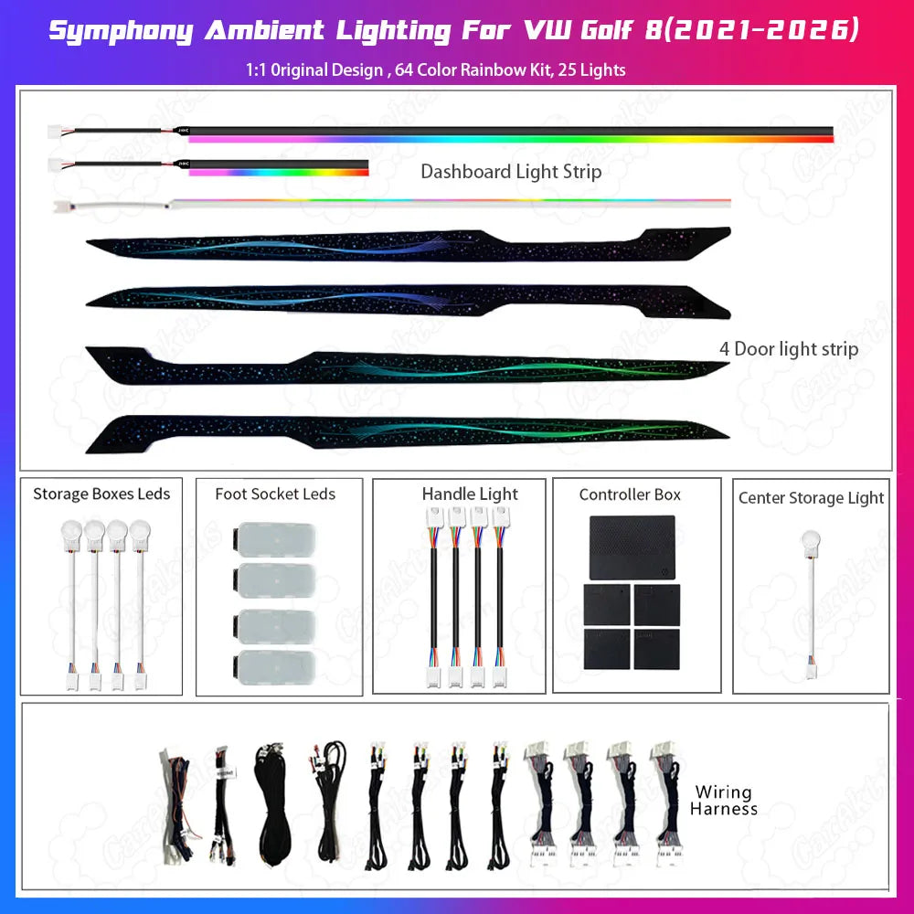 A clear product package list photo on a white background, displaying all components of the Ribbon Starry Sky Symphony Ambient Light Kit for Volkswagen Golf 8, including fiber optic bundles, dashboard trims, control boxes, and wiring harnesses with bilingual labels.