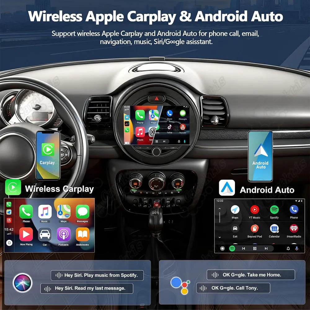Wireless Apple CarPlay and Android Auto integration feature on BMW Mini Cooper Android car radio head unit.