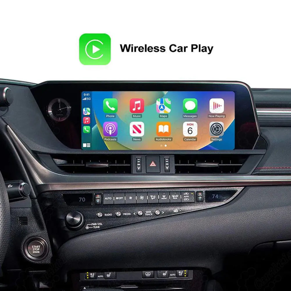 Apple CarPlay home screen displayed on original Lexus factory dashboard screen showing phone, music, maps, and calendar apps.