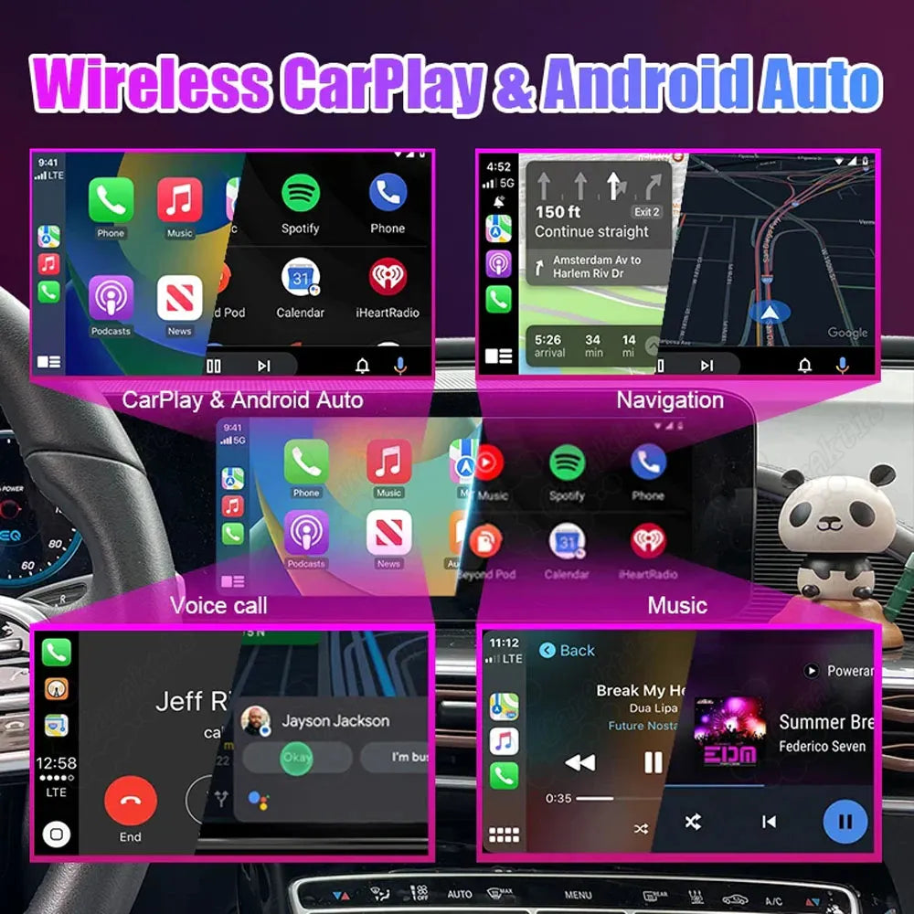 Four panel display showing wireless CarPlay and Android Auto multi functional interface including navigation, voice calls, and music streaming.