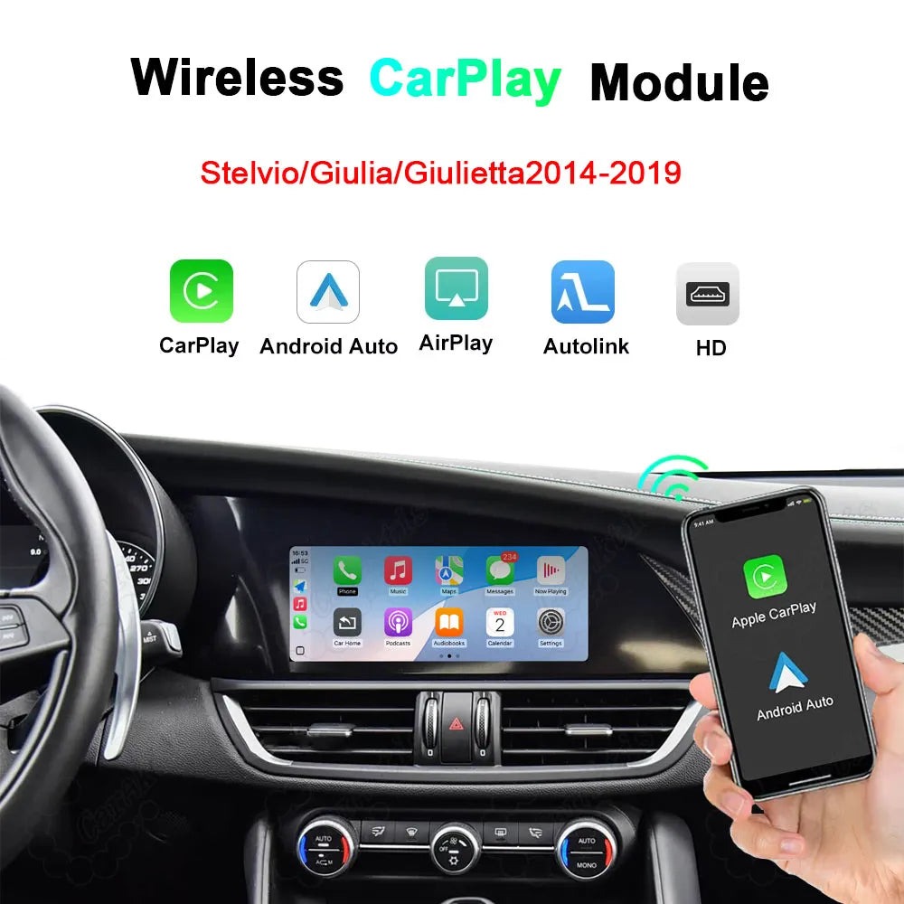 Wireless CarPlay and Android Auto retrofit module for Alfa Romeo Stelvio, Giulia, and Giulietta models from 2014 to 2019, showing smart screen integration and phone connectivity.