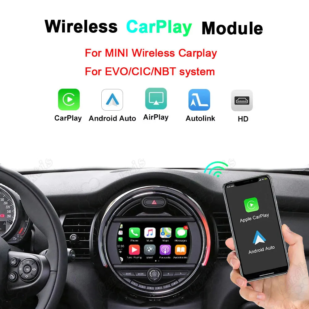 Wireless CarPlay and Android Auto module interface displayed on a MINI Cooper dashboard screen with a smartphone.