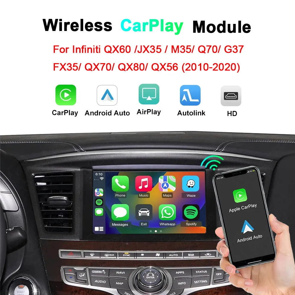 Wireless CarPlay and Android Auto retrofit module kit for Infiniti QX60, JX35, M35, Q70, G37, FX35, QX70, QX80, and QX56 models from 2010 to 2020.