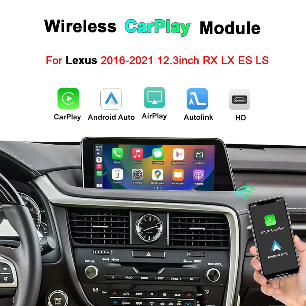 Wireless CarPlay and Android Auto module upgrade for Lexus 2016-2021 RX, LX, ES, and LS with 12.3 inch display screen showing the main application menu.