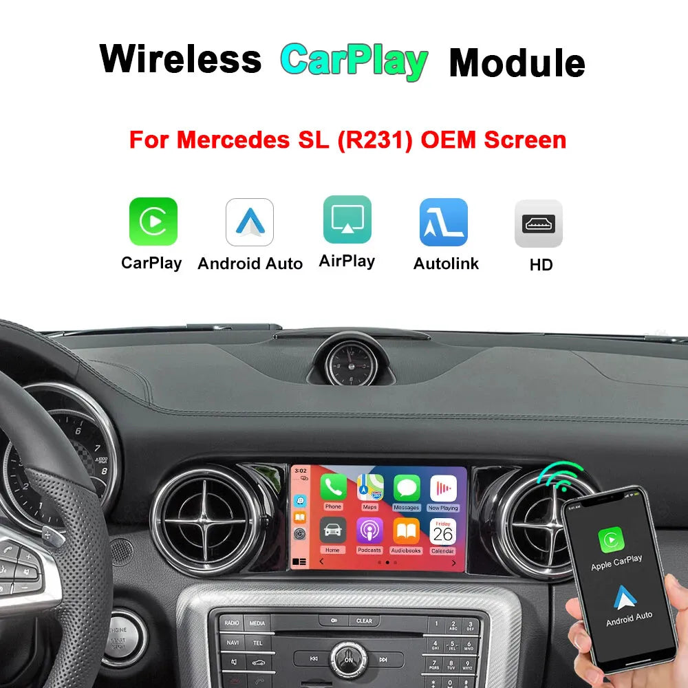 Wireless CarPlay and Android Auto retrofit module for Mercedes Benz SL R231 OEM factory screen upgrade display.