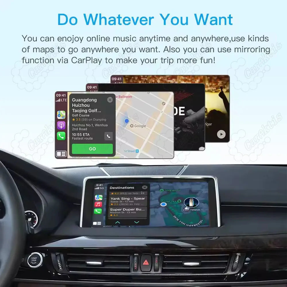 The BMW showcases its in-car wireless CarPlay multi-functional application, displaying Google Maps navigation, online music playback, and phone mirroring capabilities on the screen, accompanied by the promotional tagline "Do Whatever You Want."