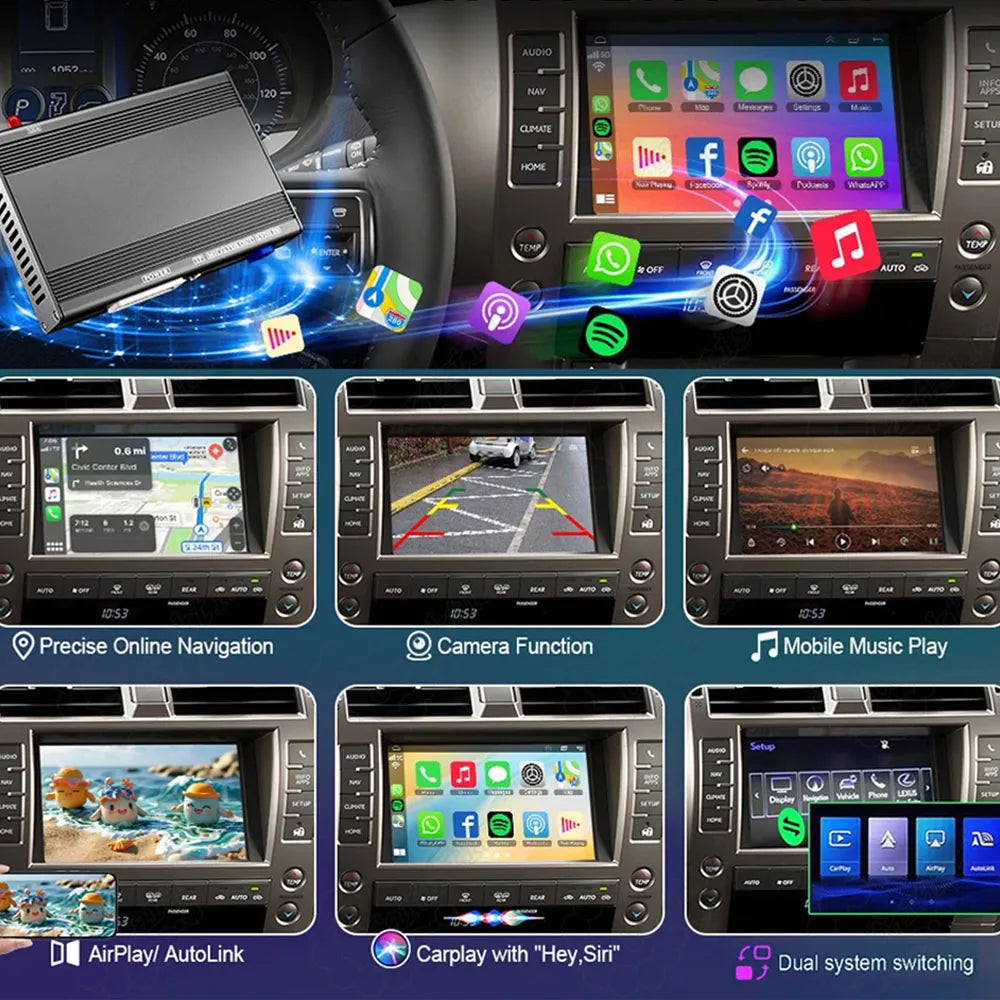 Premium metallic CarPlay decoder box hardware showing original car infotainment system upgrade.