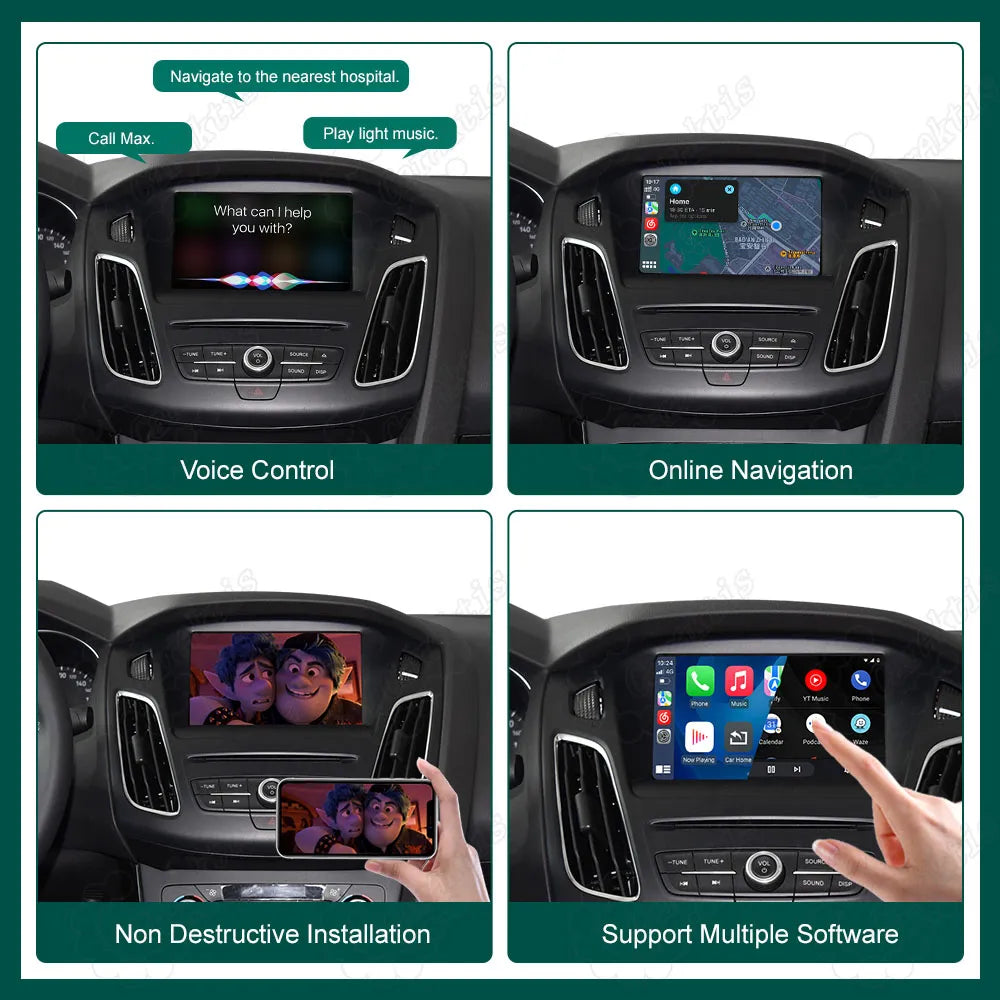 Ford SYNC 2 wireless CarPlay system displaying Siri voice control, live GPS navigation, non-destructive plug-and-play installation, and AirPlay smartphone mirroring.