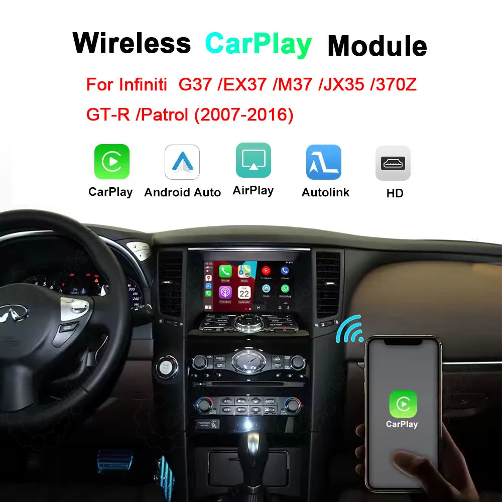 Wireless CarPlay and Android Auto module interface for Infiniti G37, EX37, M37, JX35, Nissan 370Z, GT-R, and Patrol models from 2007 to 2016, showing smartphone wireless integration with the factory car dashboard screen.