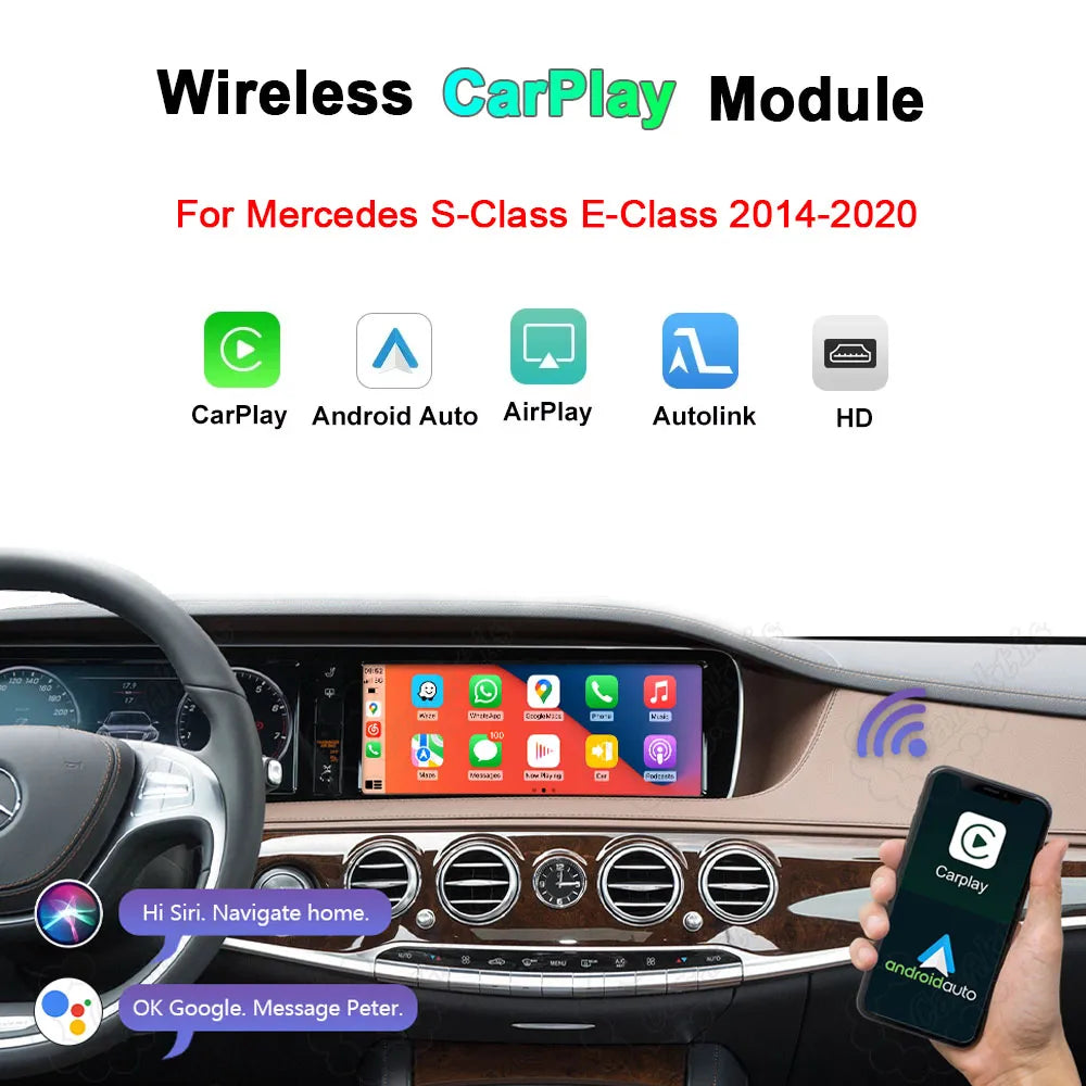 Wireless CarPlay and Android Auto upgrade module for Mercedes-Benz S-Class and E-Class 2014-2020 showing dashboard interface with smartphone.