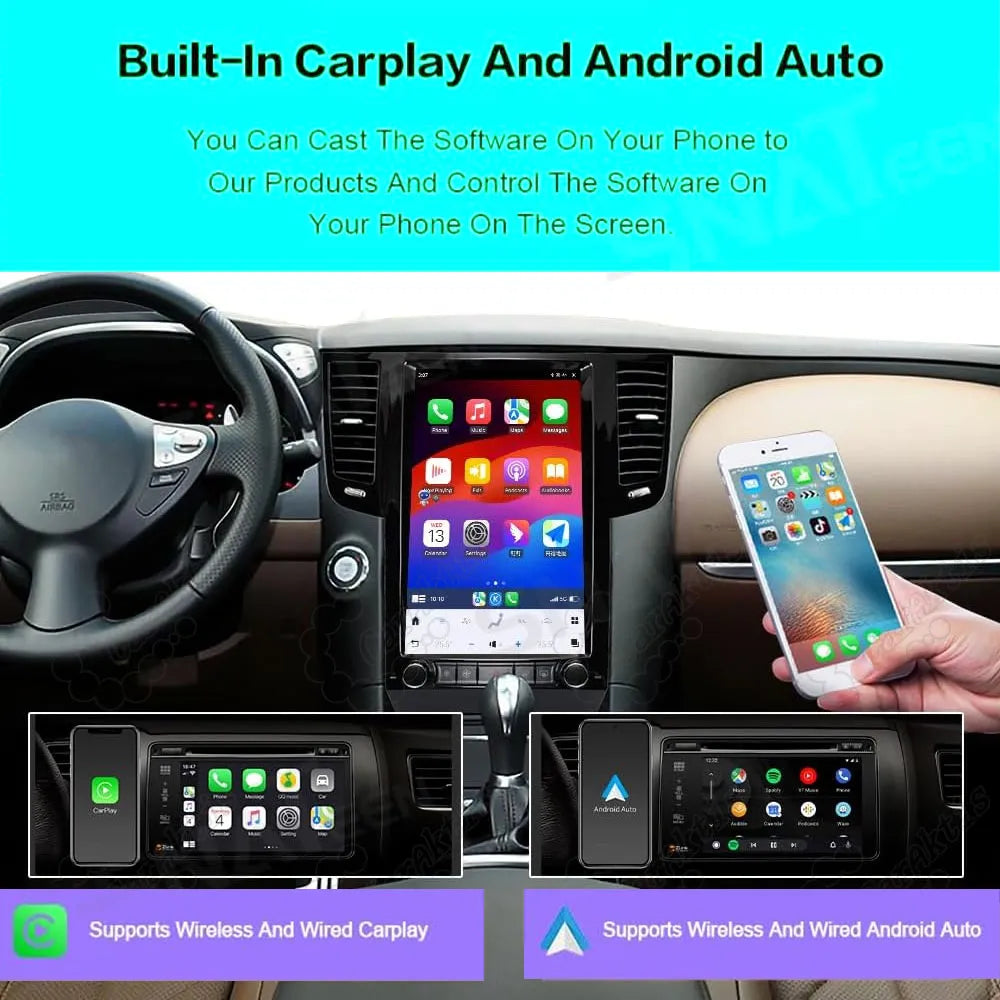 Wireless and wired Apple CarPlay and Android Auto smartphone mirroring connection on car screen.