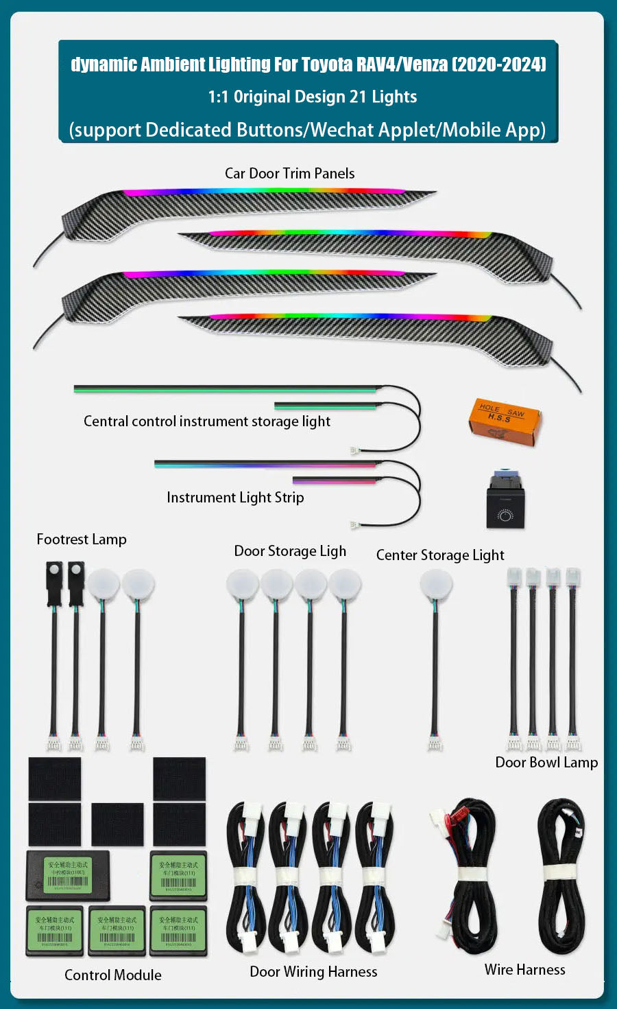 For 2020-2025 Toyota RAV4/Venza Illuminated Retrofit LED Atmosphere Light Interior Trim Ambient Light Set