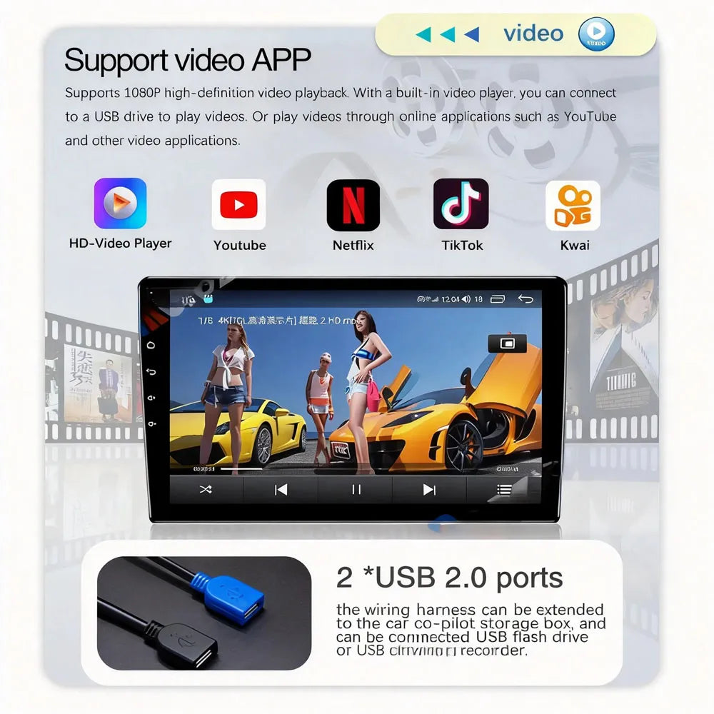 1080P HD video playback support via USB drive or streaming apps with dual USB 2.0 ports