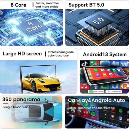 Overview of 8-core CPU, Android 13 OS, Bluetooth 5.0, 360 panoramic view, and HD screen specs