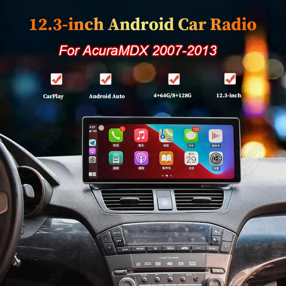 12.3 inch Android car radio upgrade for Acura RDX 2013-2018 featuring Apple CarPlay and Android Auto interface on dashboard