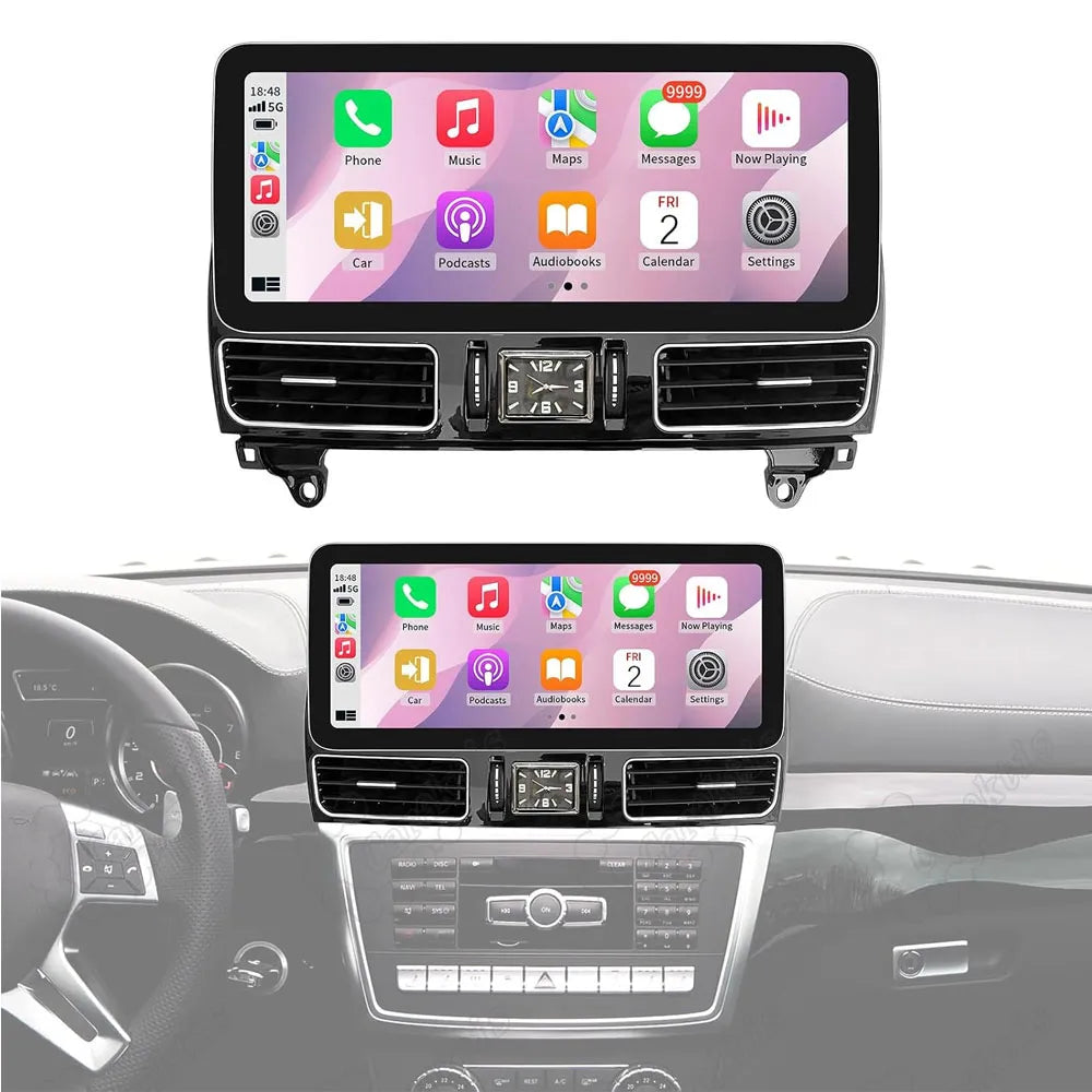 12.3 inch Android car stereo display unit standalone and installed in Mercedes Benz ML GLE dashboard with air vents