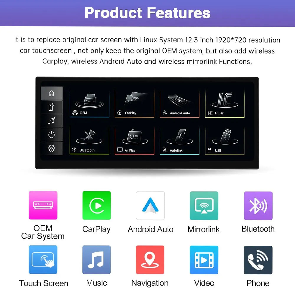 12.3-inch Linux car touchscreen replacement displaying features including Wireless CarPlay, Android Auto, Mirrorlink, OEM system integration, and Bluetooth.
