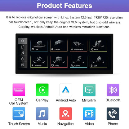 12.3-inch Linux car touchscreen replacement displaying features including Wireless CarPlay, Android Auto, Mirrorlink, OEM system integration, and Bluetooth.