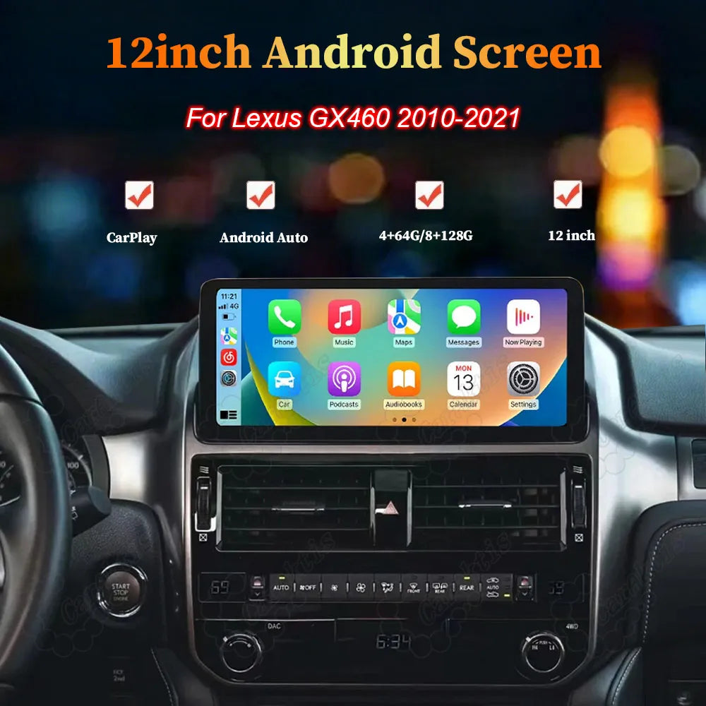 12-inch Android multimedia screen upgrade for Lexus GX460 2010-2021 with CarPlay and Android Auto.