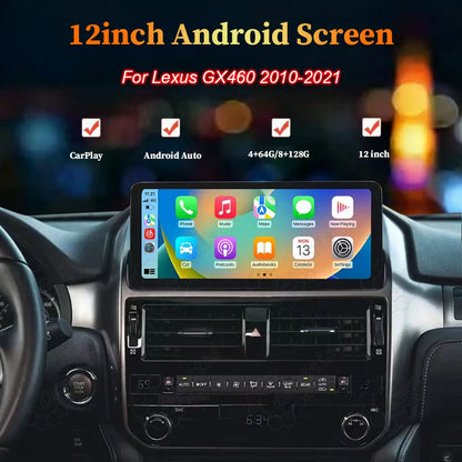 12-inch Android multimedia screen upgrade for Lexus GX460 2010-2021 with CarPlay and Android Auto.