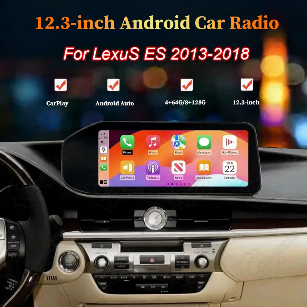 12.3 inch Android car radio and multimedia player installed in a Lexus ES 2013-2018 dashboard.