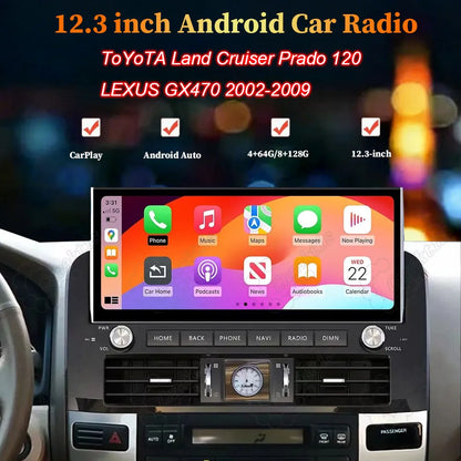 12.3 inch Android car radio multimedia screen installed in a Toyota Land Cruiser Prado 120 and Lexus GX470 dashboard.