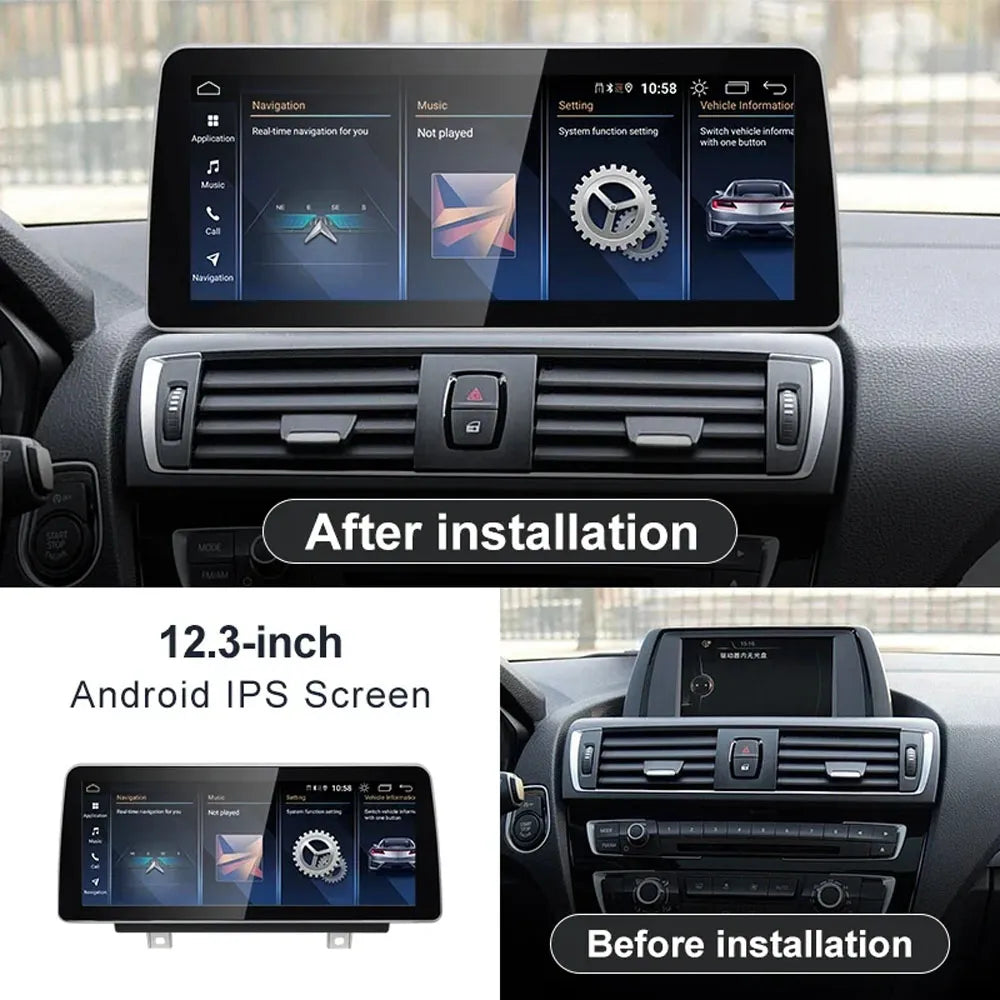 Before and after installation view of upgrading a BMW dashboard with a 12.3-inch Android IPS screen display.