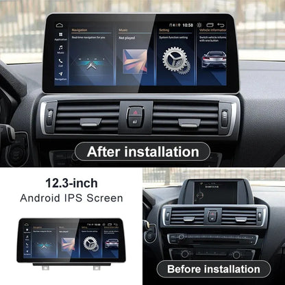 Before and after installation view of upgrading a BMW dashboard with a 12.3-inch Android IPS screen display.