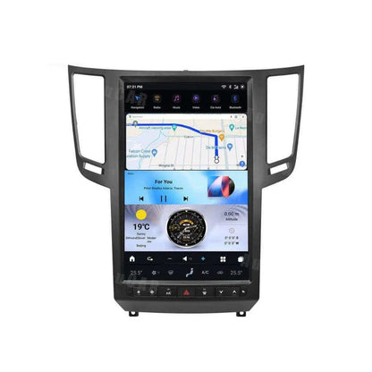 14.5-inch Tesla-style vertical Android head unit with integrated dash frame and climate control interface for Infiniti QX70 FX35.