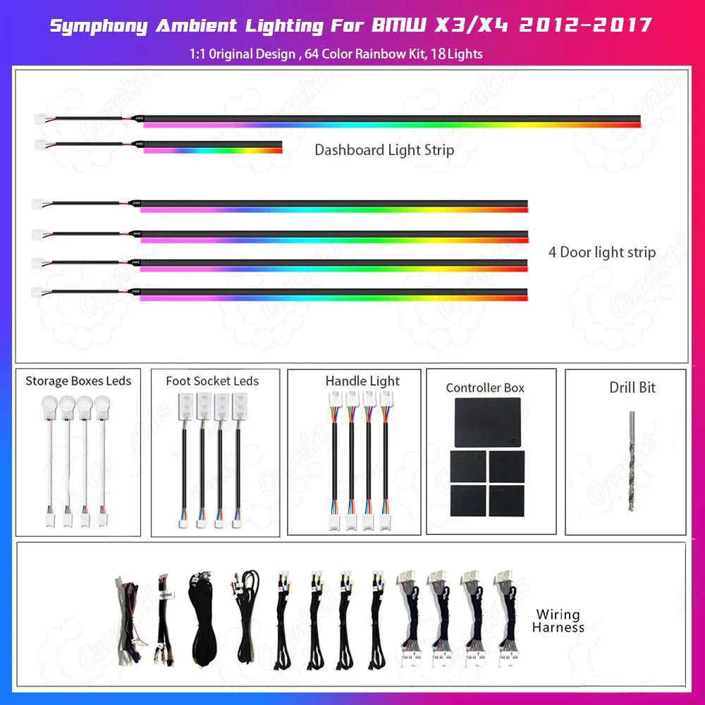 Multi-Color RGB Ambient Light for BMW X3 F25 X4 F26 2012-2017, Interior LED Strip Atmosphere Lamp
