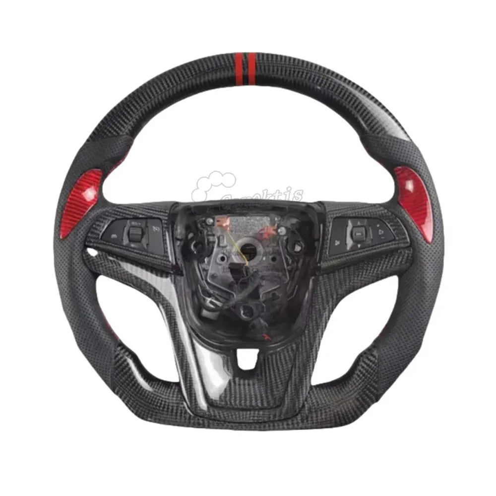 Custom carbon fiber steering wheel for 2012-2024 Chevrolet Camaro featuring double red racing stripes, red carbon fiber side inserts, and black perforated leather with red stitching.