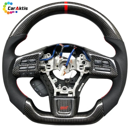 015-2021 Subaru WRX/STI Custom Carbon Fiber Steering Wheel with Black Perforated Leather and Red Stitching - Front View