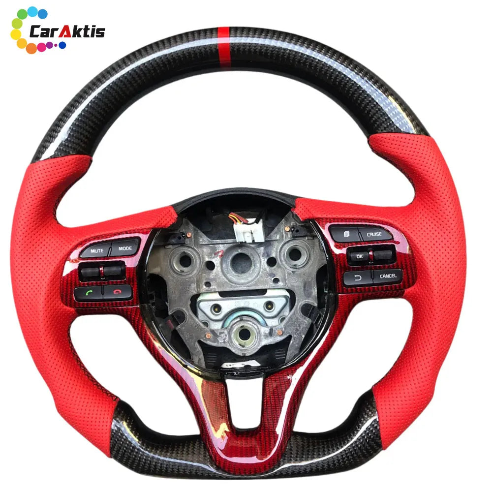 Glossy carbon fiber steering wheel for Kia Optima with a sporty red 12 o&