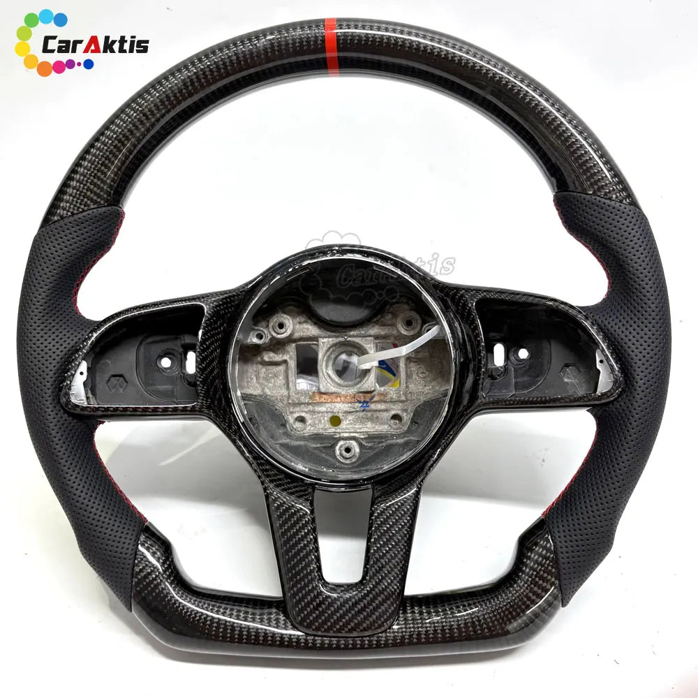 2018+ Mercedes Sprinter W907 W910 custom carbon fiber steering wheel with red center stripe and perforated leather.