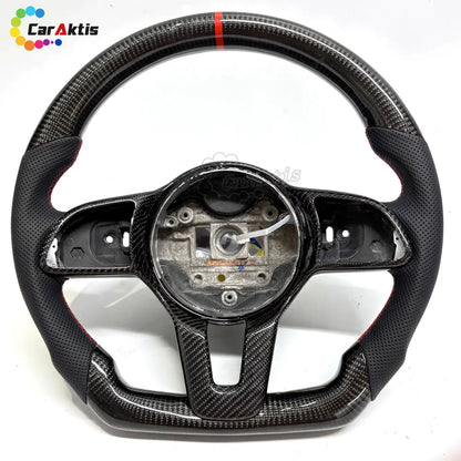 2018+ Mercedes Sprinter W907 W910 custom carbon fiber steering wheel with red center stripe and perforated leather.