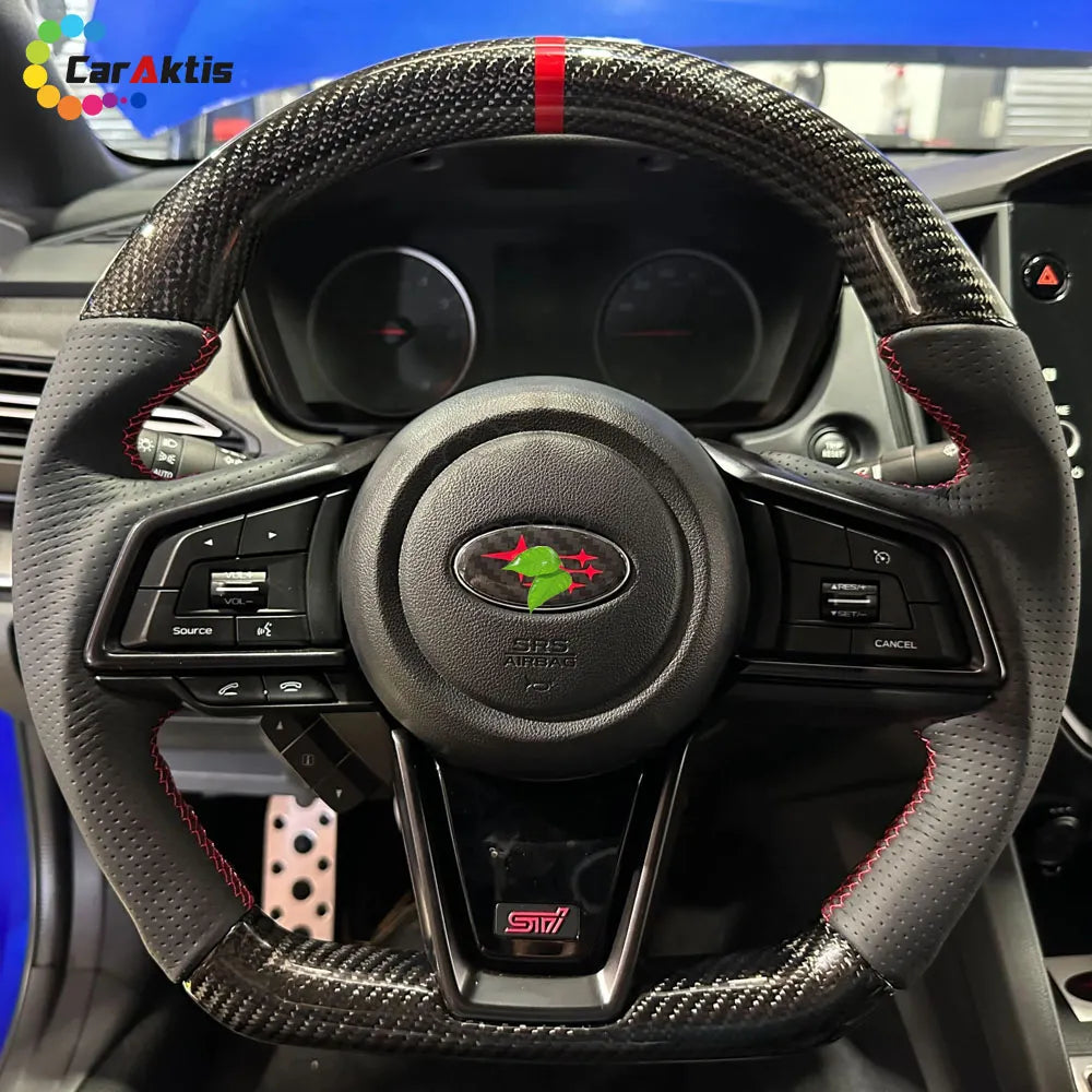 Custom Carbon Fiber Steering Wheel for Subaru WRX/STI (2022-2026) featuring Red Center Stripe and Red Stitching.