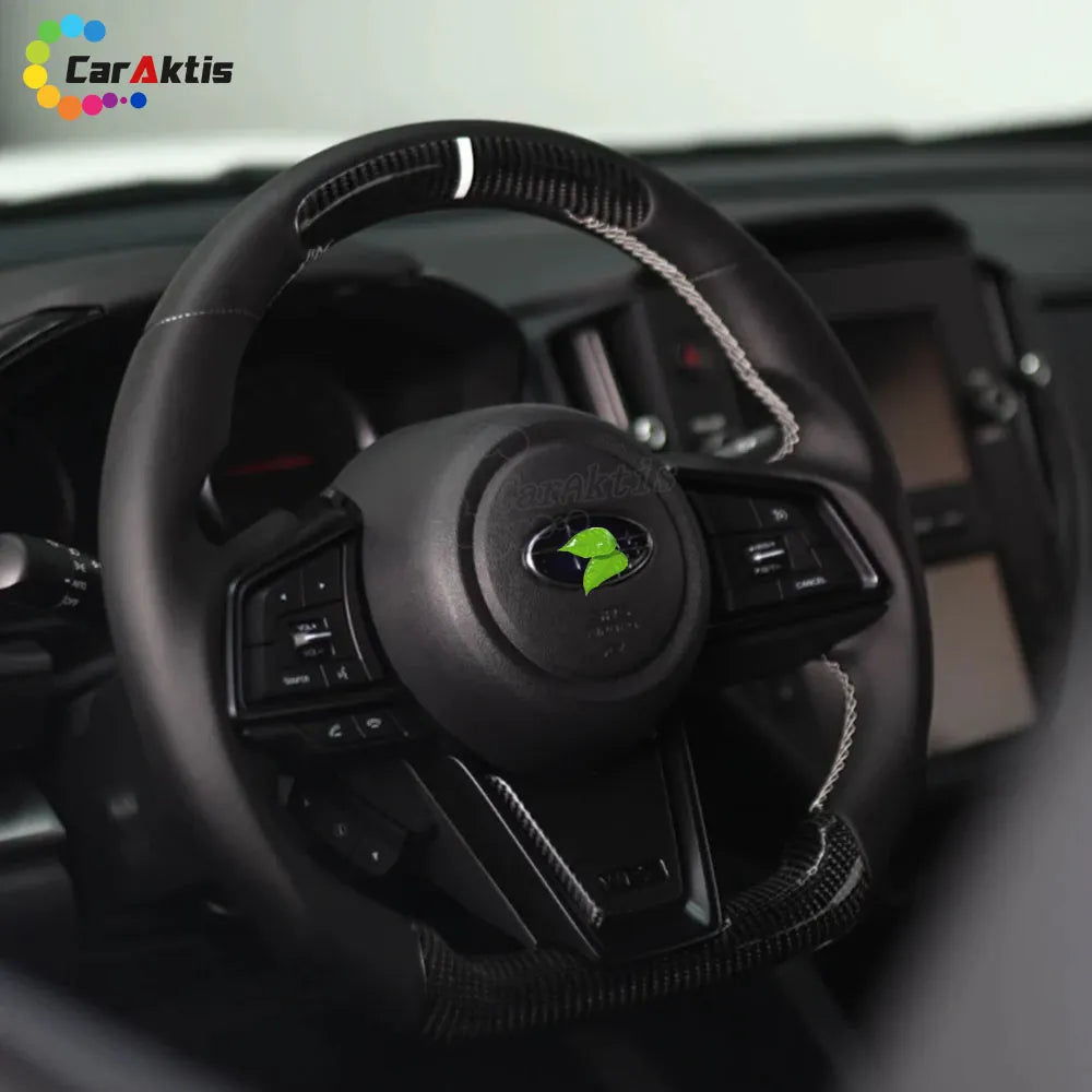 Interior view of a 2022 Subaru WRX with Custom Gloss Carbon Fiber Steering Wheel and White Contrast Stitching.