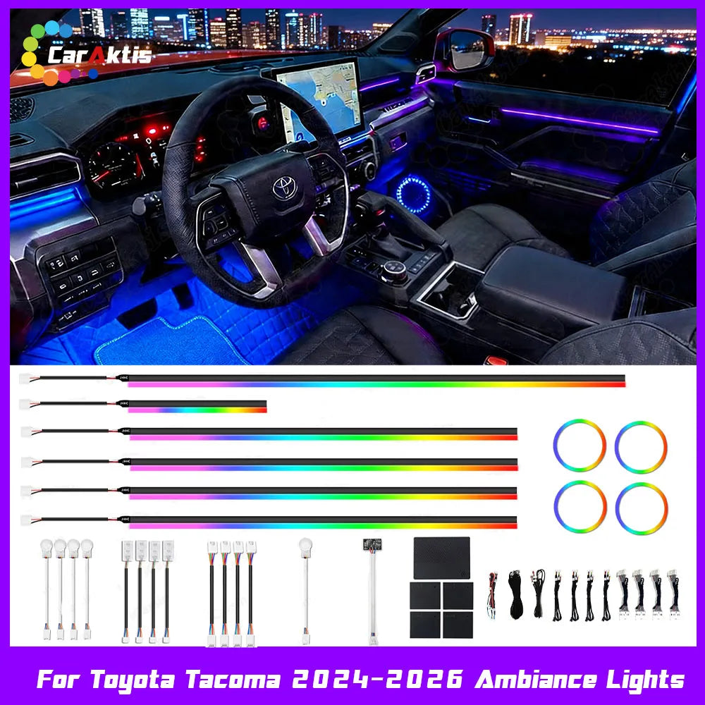 Premium 64-color dynamic ambient lighting kit for 2024-2026 Toyota Tacoma interior, showing dashboard and door light strips.