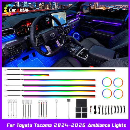 Premium 64-color dynamic ambient lighting kit for 2024-2026 Toyota Tacoma interior, showing dashboard and door light strips.